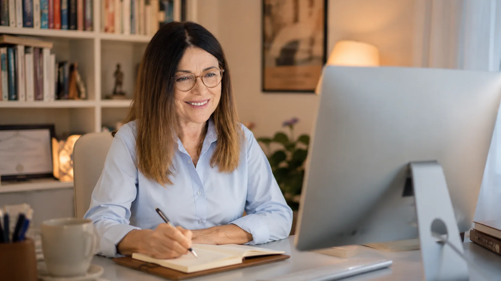 Maria Staub realizando atendimento online de psicanálise por videochamada